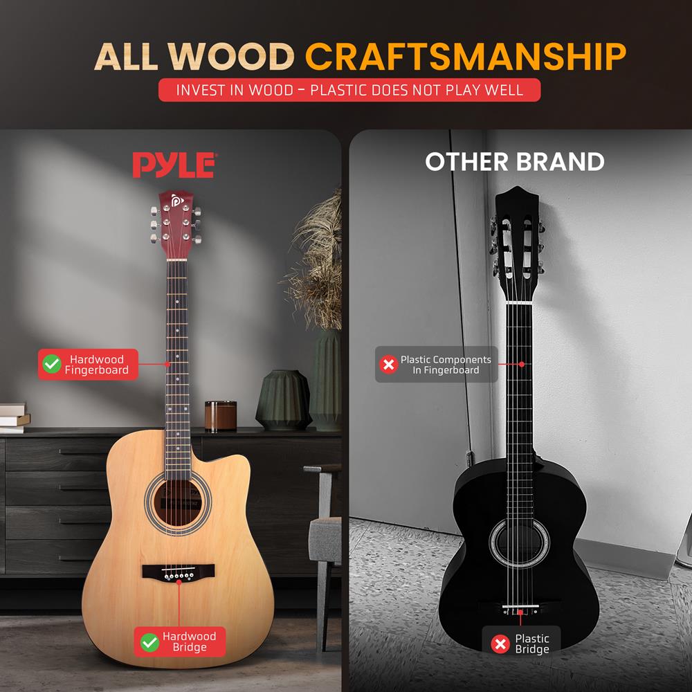 Pyle Steel String Acoustic Guitar Kit, 4/4 Full Size Cutaway All-Wood Guitarra Acustica with Premium Accessory Set and Upgraded Gig Bag, 41" Natural Glossy