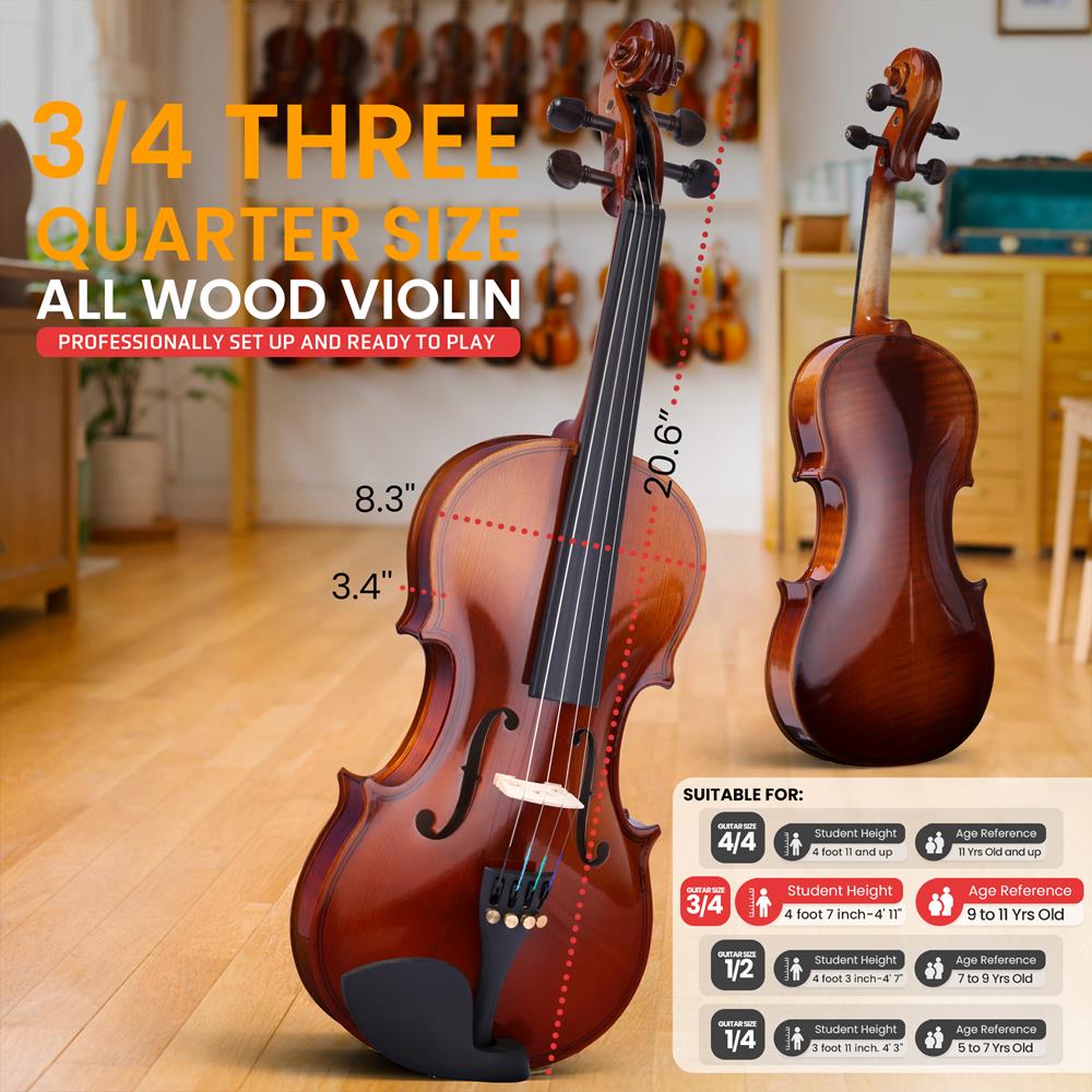 Pyle 3/4 Size Beginner Violin Starter Kit, Violin Starter Package with Travel Case & Bow, Extra Strings, Digital Tuner, Shoulder Rest & Cleaning Cloth for Students, Kids, Adults