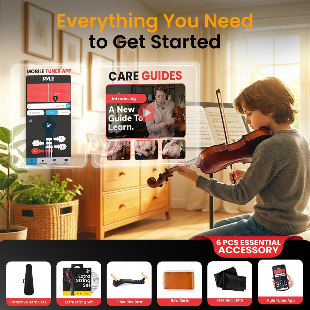 Pyle 3/4 Size Beginner Violin Starter Kit, Violin Starter Package with Travel Case & Bow, Extra Strings, Digital Tuner, Shoulder Rest & Cleaning Cloth for Students, Kids, Adults