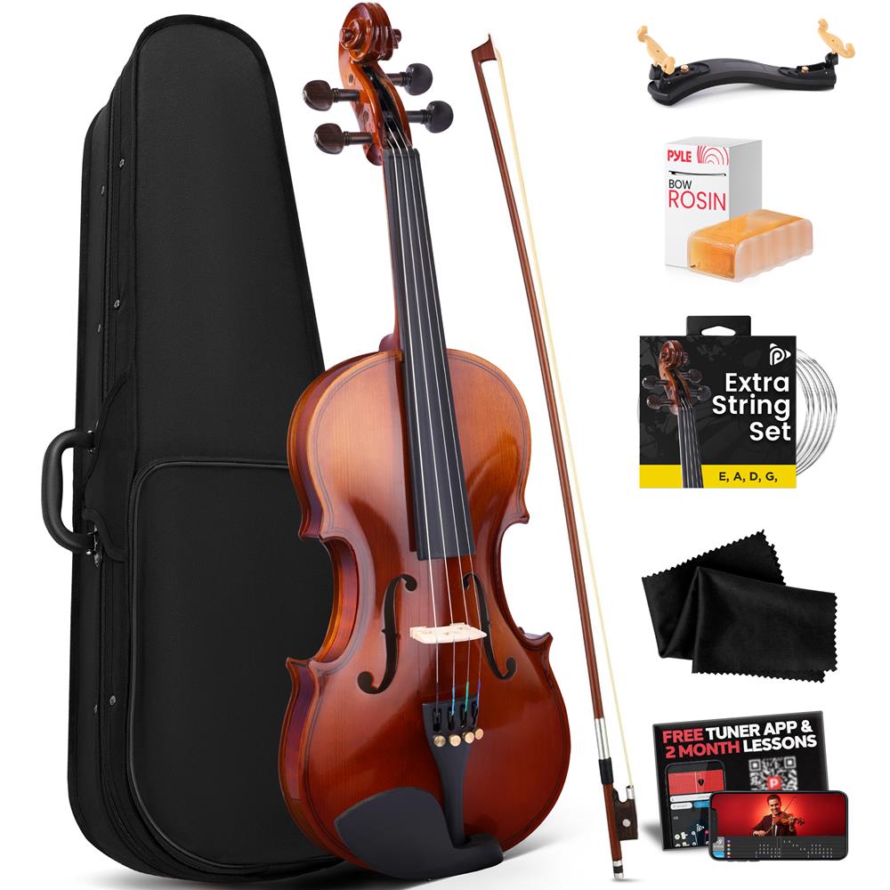 Pyle Full Size Beginner Violin Starter Kit, Violin Starter Package with Travel Case & Bow, Extra Strings, Digital Tuner, Shoulder Rest & Cleaning Cloth for Students, Kids, Adults