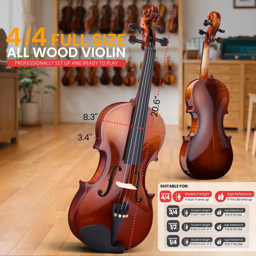 Pyle Full Size Beginner Violin Starter Kit, Violin Starter Package with Travel Case & Bow, Extra Strings, Digital Tuner, Shoulder Rest & Cleaning Cloth for Students, Kids, Adults