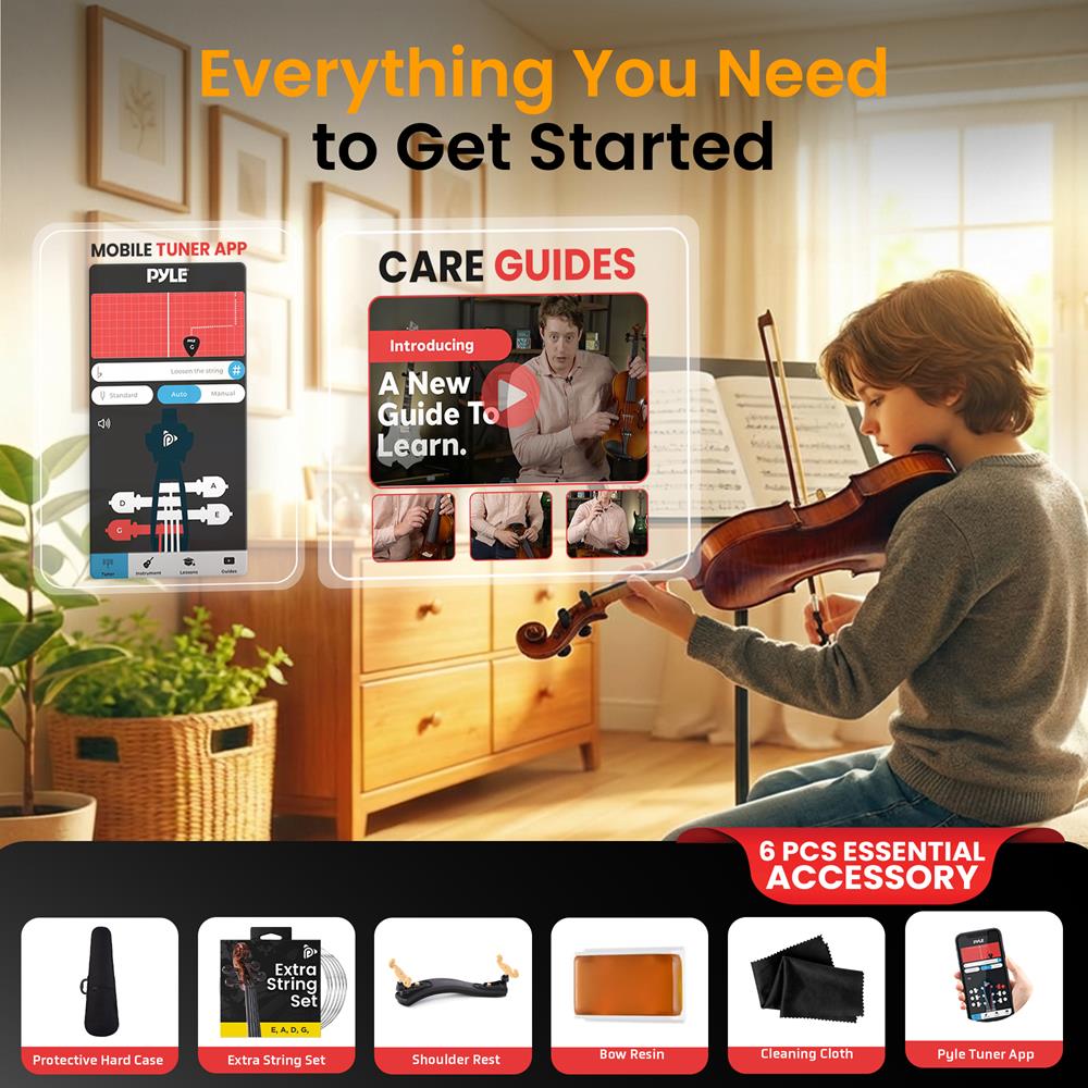 Pyle Full Size Beginner Violin Starter Kit, Violin Starter Package with Travel Case & Bow, Extra Strings, Digital Tuner, Shoulder Rest & Cleaning Cloth for Students, Kids, Adults