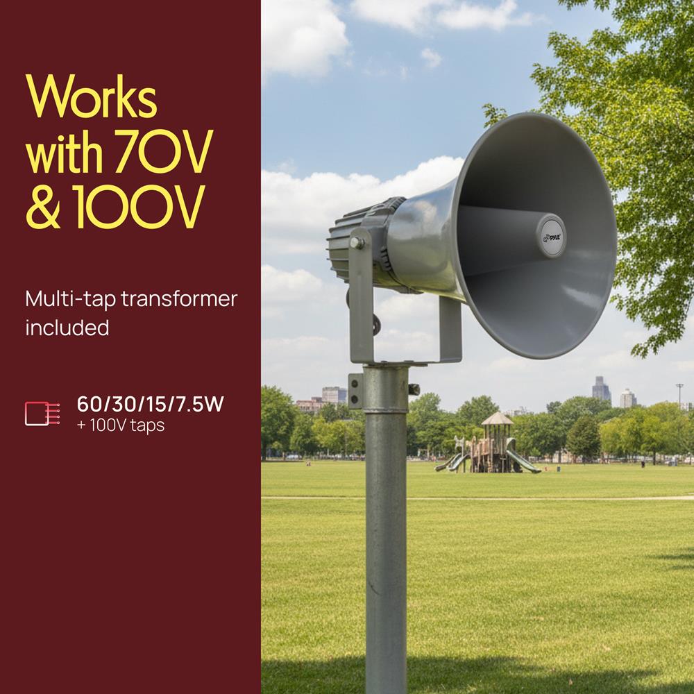 Pyle Indoor Outdoor PA Horn Speaker-12.7 Inch 60 W Compact Loud Sound Megaphone w/400Hz-5KHzz Frequency,16 Ohm,70V/100V Transformer,Mounting Bracket Hardware,For 70V/100V Audio System-Pyle PHSP12