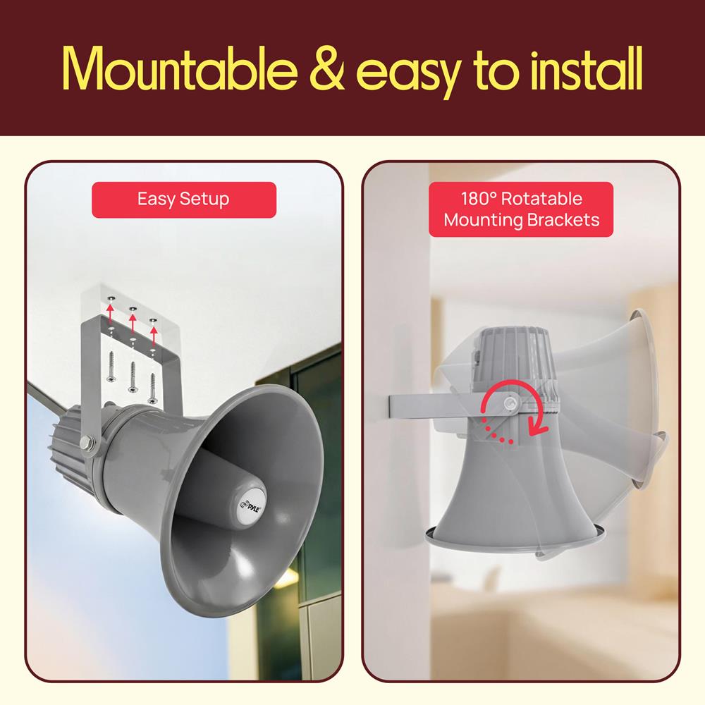 Pyle Indoor Outdoor PA Horn Speaker-12.7 Inch 60 W Compact Loud Sound Megaphone w/400Hz-5KHzz Frequency,16 Ohm,70V/100V Transformer,Mounting Bracket Hardware,For 70V/100V Audio System-Pyle PHSP12