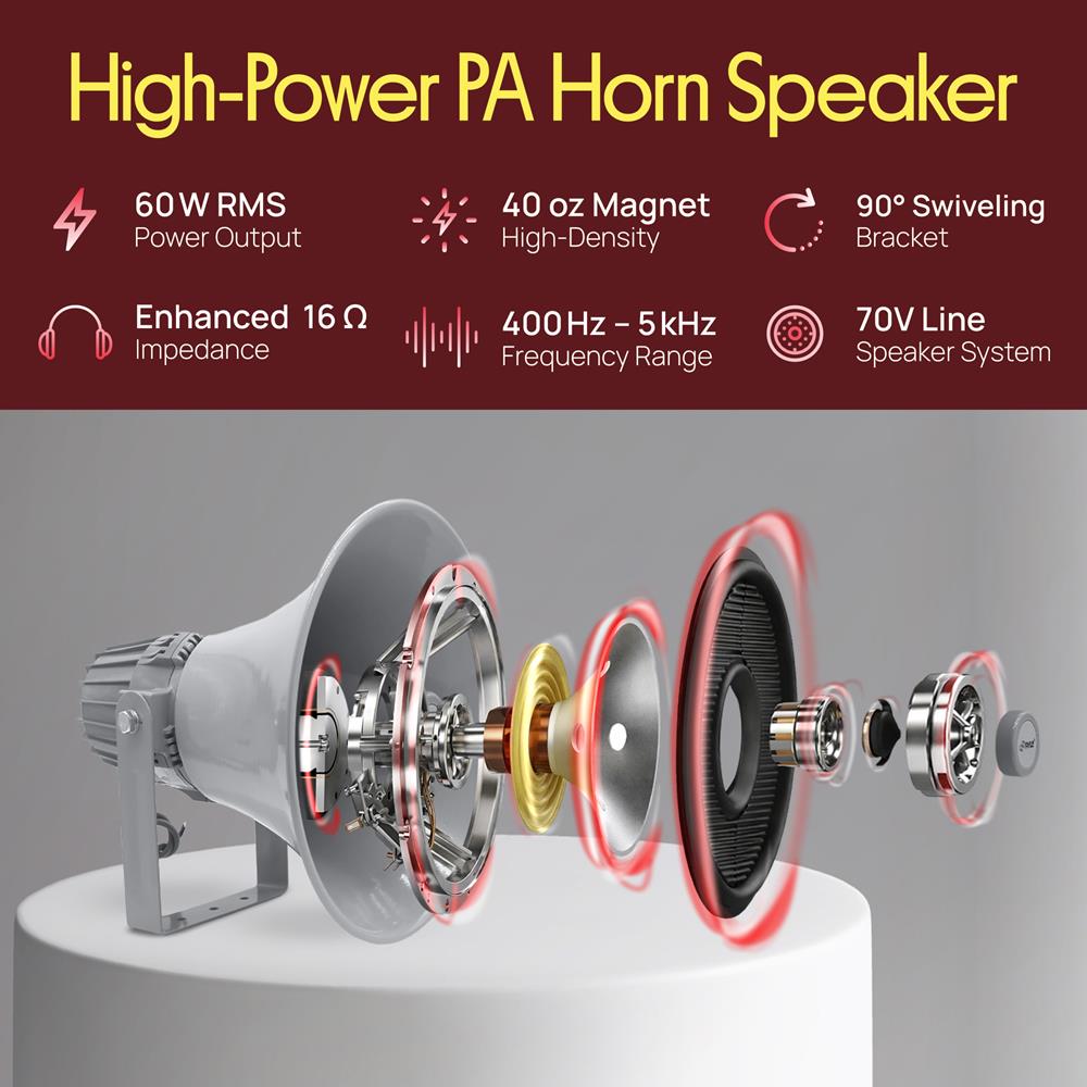 Pyle Indoor Outdoor PA Horn Speaker-12.7 Inch 60 W Compact Loud Sound Megaphone w/400Hz-5KHzz Frequency,16 Ohm,70V/100V Transformer,Mounting Bracket Hardware,For 70V/100V Audio System-Pyle PHSP12