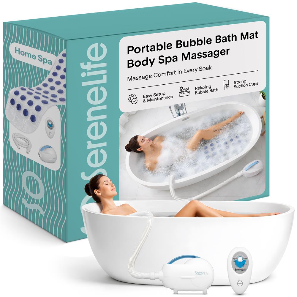 SereneLife Bubble Bath Mat, Non-Slip Bathtub Mat with Remote Control, Waterproof, Cushioned Design, Adjustable Bubbles, 8.2’ Air Hose and 47” x 14.2” Mold-Resistant Full Body Spa Massager