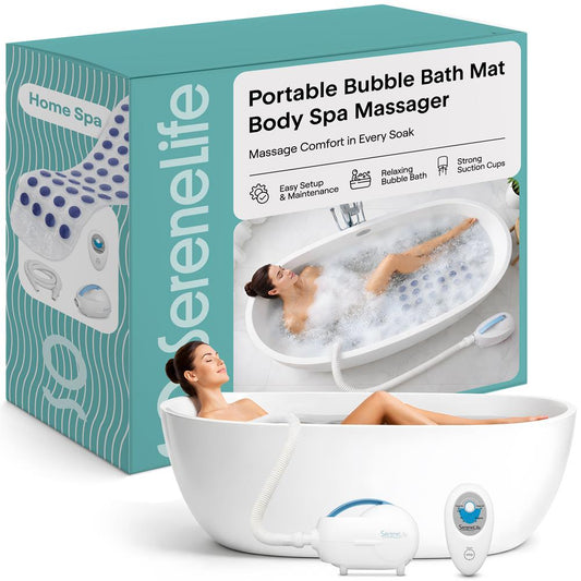 SereneLife Bubble Bath Mat, Non-Slip Bathtub Mat with Remote Control, Waterproof, Cushioned Design, Adjustable Bubbles, 8.2’ Air Hose and 47” x 14.2” Mold-Resistant Full Body Spa Massager