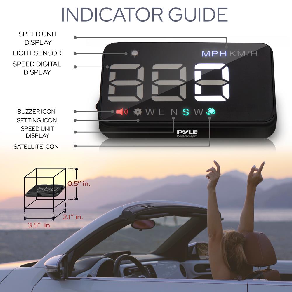 Pyle 3.5’’ Car HUD - Head-Up Display Multi-Color Windshield Screen Projector Vehicle Speed & GPS Navigation Compass, Plug & Play - (PHUD12)