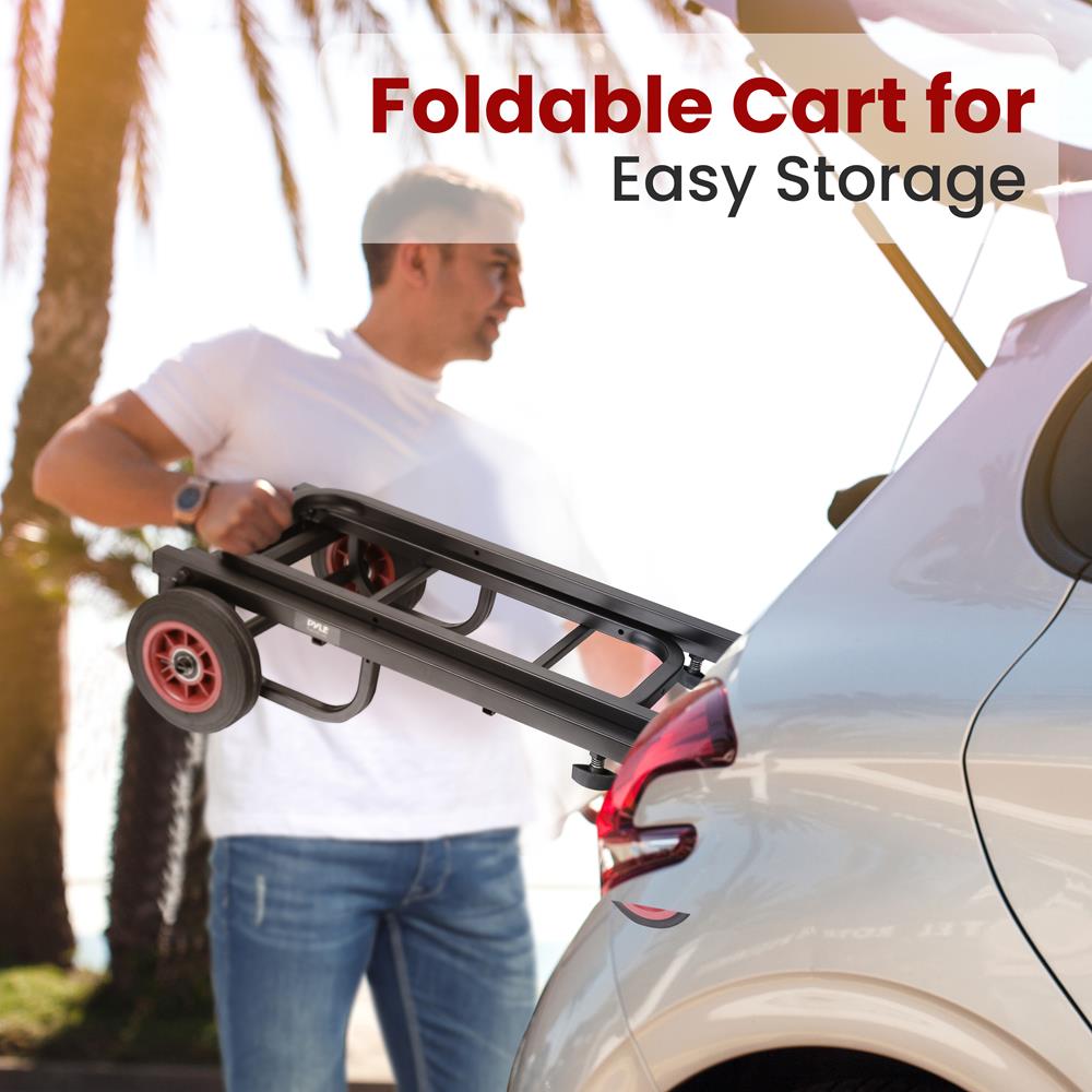 Pyle Compact Folding Adjustable Equipment Cart - Heavy Duty 8-in-1 Convertible Cart Hand Truck/Dolly/Platform Cart with R-Trac Wheels - Expandable Up to 25.24" to 40.24" - Pyle PKEQ38