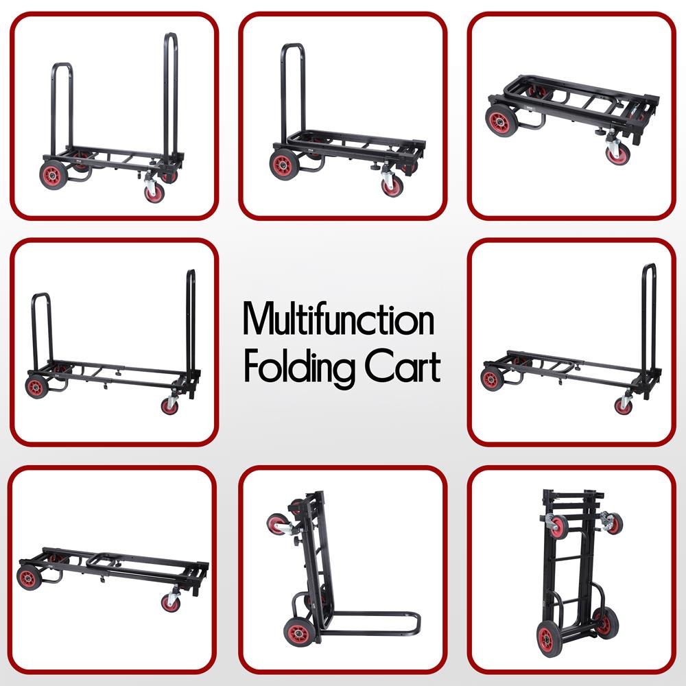 Pyle Compact Folding Adjustable Equipment Cart - Heavy Duty 8-in-1 Convertible Cart Hand Truck/Dolly/Platform Cart with R-Trac Wheels - Expandable Up to 25.24" to 40.24" - Pyle PKEQ38