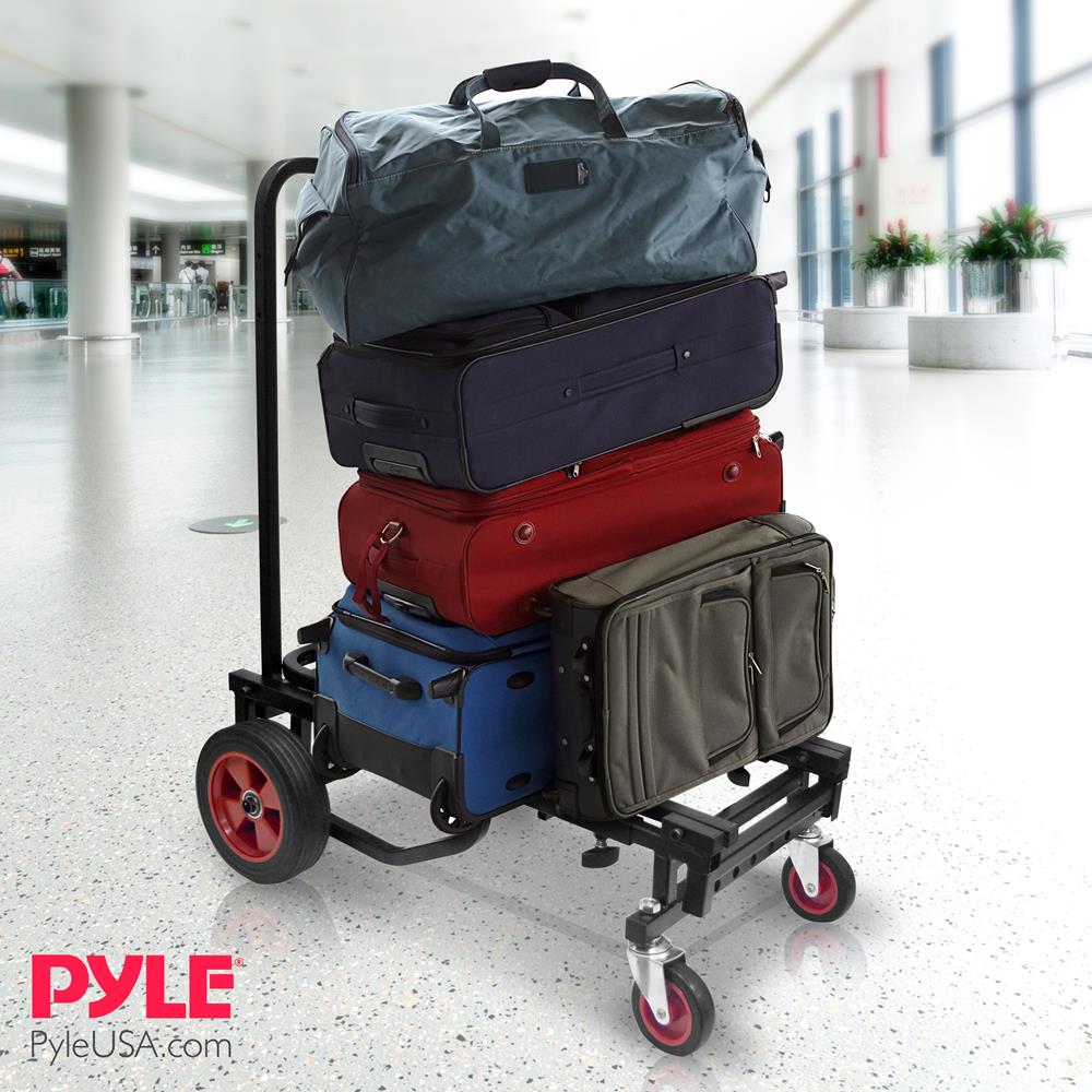 Pyle Compact Folding Adjustable Equipment Cart - Heavy Duty 8-in-1 Convertible Cart Hand Truck/Dolly/Platform Cart with R-Trac Wheels - Expandable Up to 25.24" to 40.24" - Pyle PKEQ38