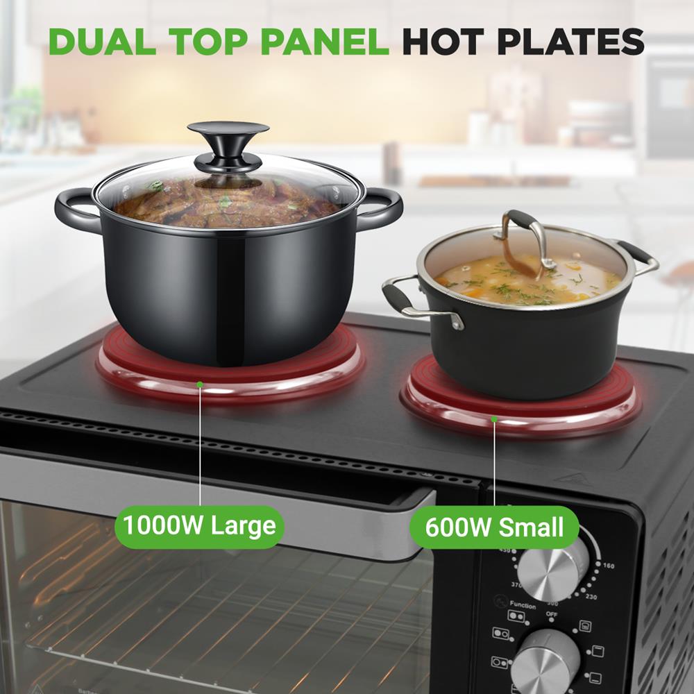 NutriChef 30 Quart Kitchen Convection Oven & 2 Burner Cooker - 1500 Watt Oven - 7 Cook Functions Rotisserie, Cook, Bake, Broil & More - Includes Baking Tray, Skewers & Handles - 19.6 x 16.0 x 13.5 IN