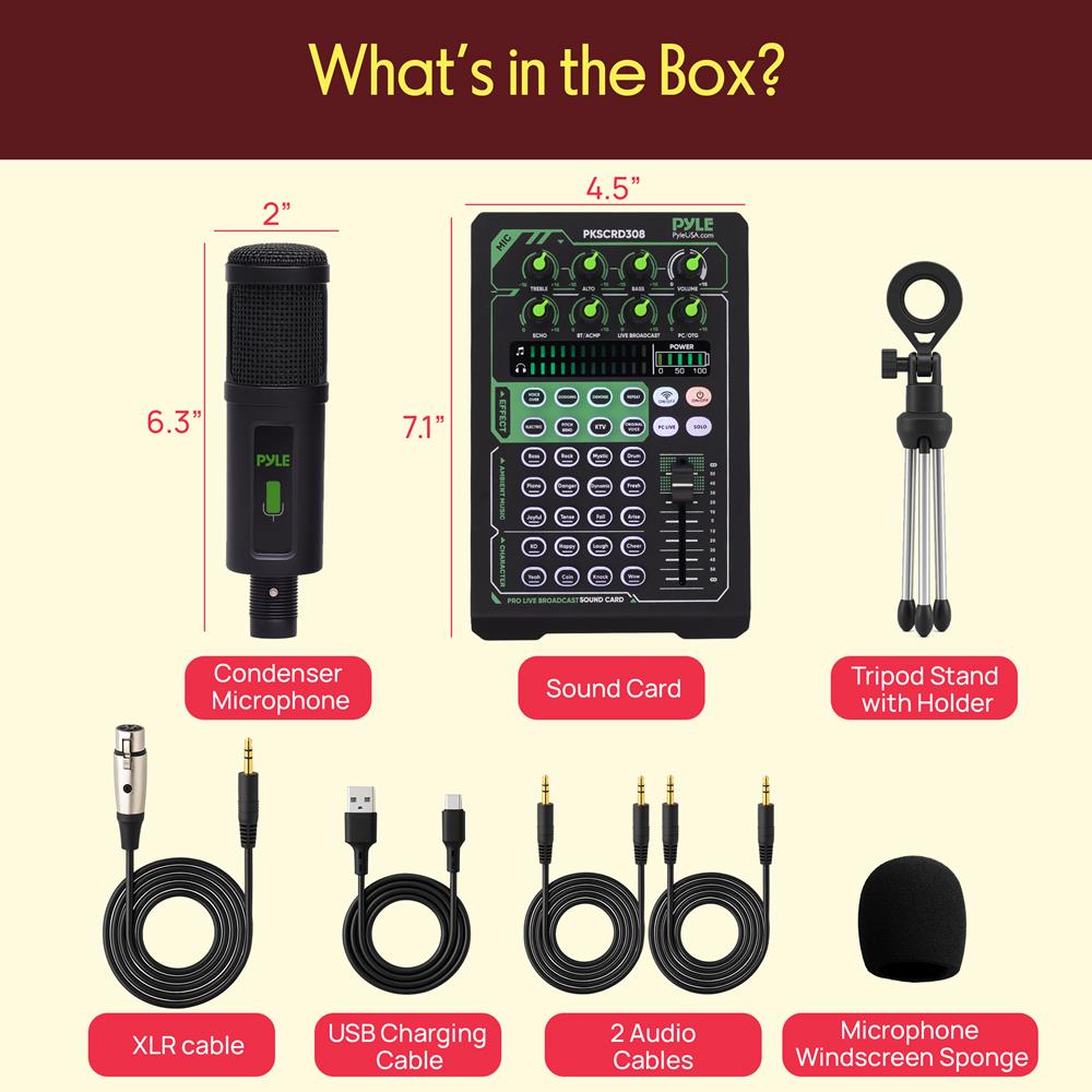 Pyle Portable Bluetooth Live Broadcast Sound Card Pro Audio Interface DJ mixer Condenser w/Microphone Set, for Streaming Podcasts Studio, Recording PC, Gaming, Phone, w/FX, Ambient Sounds