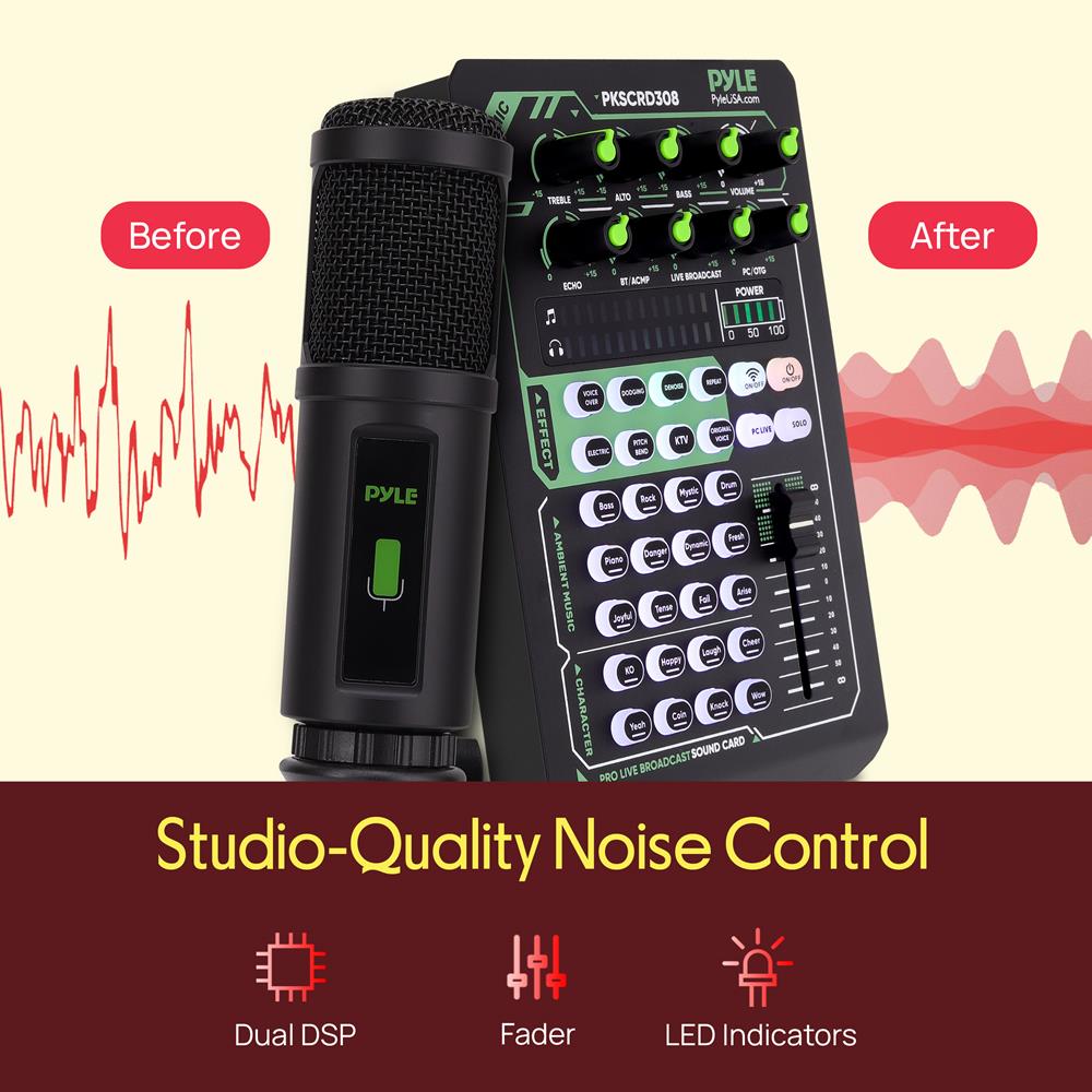 Pyle Portable Bluetooth Live Broadcast Sound Card Pro Audio Interface DJ mixer Condenser w/Microphone Set, for Streaming Podcasts Studio, Recording PC, Gaming, Phone, w/FX, Ambient Sounds