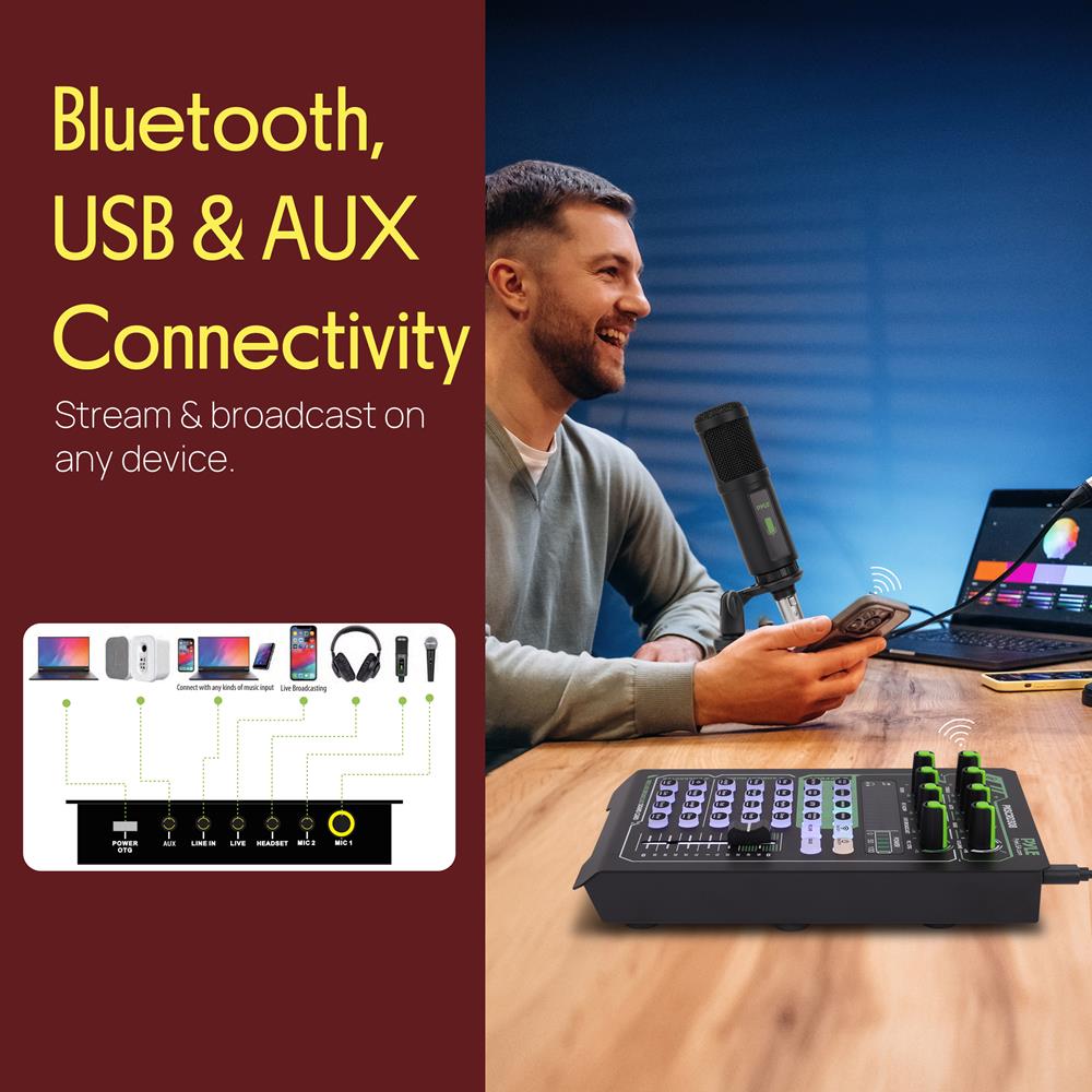 Pyle Portable Bluetooth Live Broadcast Sound Card Pro Audio Interface DJ mixer Condenser w/Microphone Set, for Streaming Podcasts Studio, Recording PC, Gaming, Phone, w/FX, Ambient Sounds