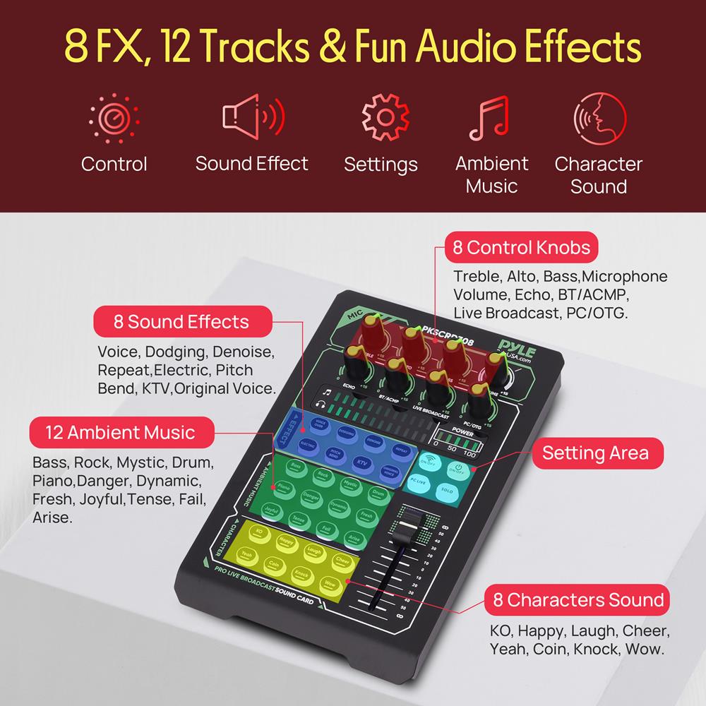 Pyle Portable Bluetooth Live Broadcast Sound Card Pro Audio Interface DJ mixer Condenser w/Microphone Set, for Streaming Podcasts Studio, Recording PC, Gaming, Phone, w/FX, Ambient Sounds
