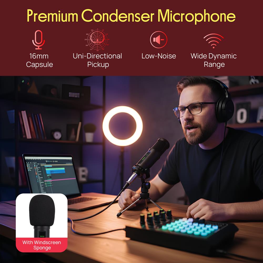 Pyle Portable Bluetooth Live Broadcast Sound Card Pro Audio Interface DJ mixer Condenser w/Microphone Set, for Streaming Podcasts Studio, Recording PC, Gaming, Phone, w/FX, Ambient Sounds