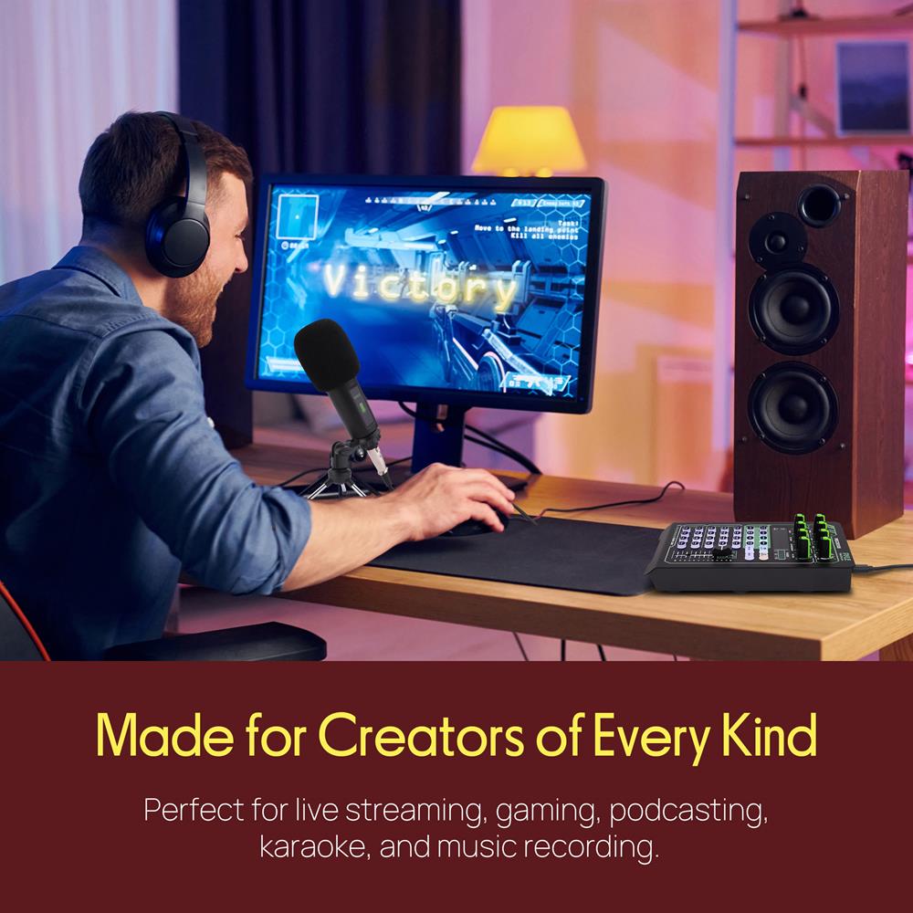 Pyle Portable Bluetooth Live Broadcast Sound Card Pro Audio Interface DJ mixer Condenser w/Microphone Set, for Streaming Podcasts Studio, Recording PC, Gaming, Phone, w/FX, Ambient Sounds