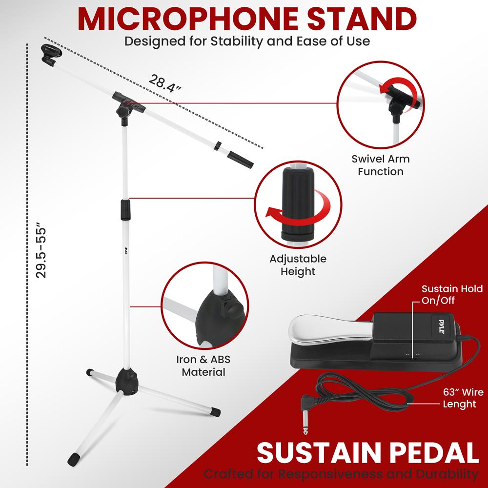 Pyle Heavy-Duty Electric Keyboard Accessories, E Piano Equipment Pack Includes Height Adjustable Z Shape Keyboard Stand, Keyboard Stool, Microphone Stand, Headset, and Sustain Pedal, White