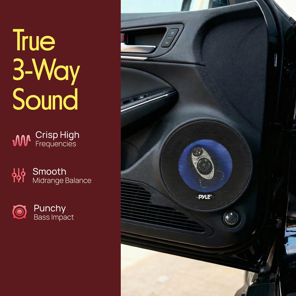 Pyle 6.5" Three-Way Sound Speaker System-180 W RMS/360W Power Handling w/4 Ohm Impedance and 3/4'' Piezo Tweeter for Car Component Stereo,Round Shaped Pro Full Range Triaxial Loud Audio -PL63BL,Blue