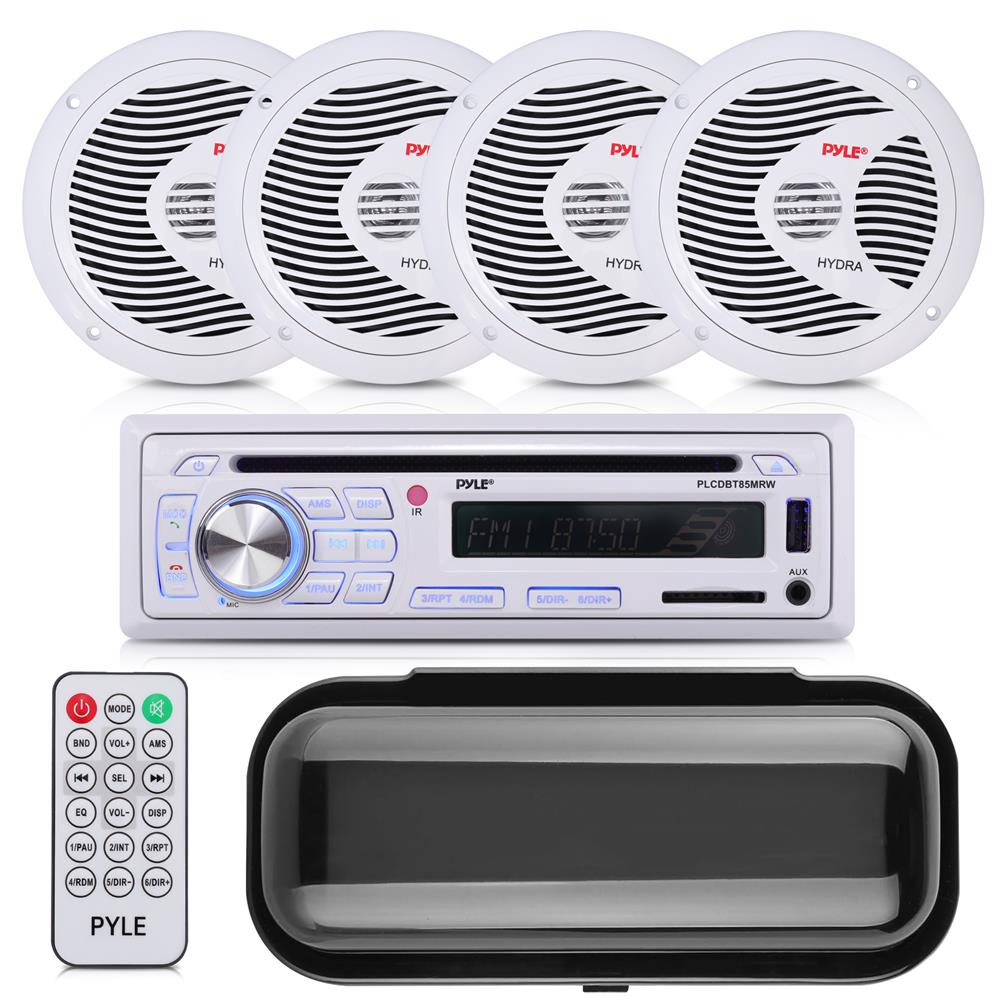 Pyle Marine Stereo Receiver Speaker Kit - In-Dash LCD Digital Console Built-in Bluetooth & Microphone 6.5” Waterproof Speakers (4) w/ MP3/USB/SD/AUX/FM Radio Reader & Remote Control -PLCDBT85MRW