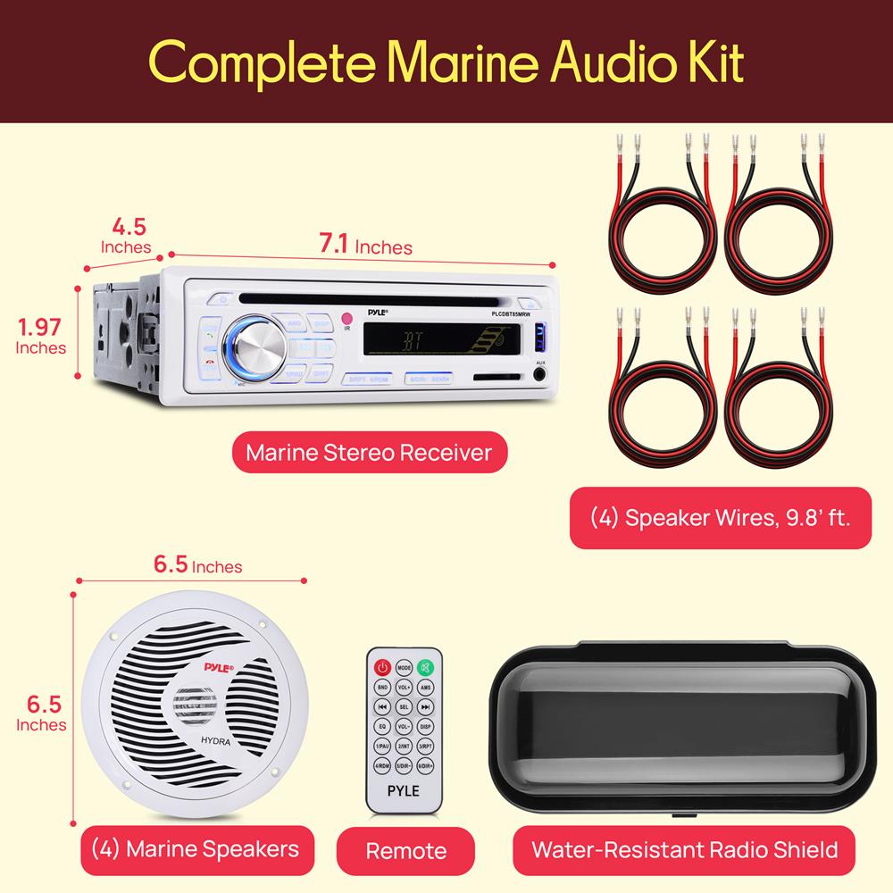Pyle Marine Stereo Receiver Speaker Kit - In-Dash LCD Digital Console Built-in Bluetooth & Microphone 6.5” Waterproof Speakers (4) w/ MP3/USB/SD/AUX/FM Radio Reader & Remote Control -PLCDBT85MRW