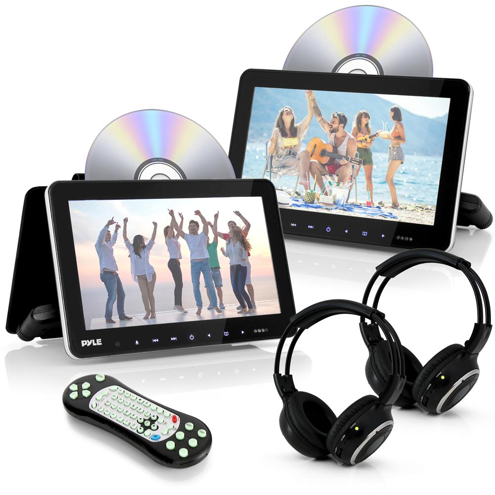 Pyle Universal Dual Vehicle Headrest Monitor - 10.5” Multimedia CD and DVD Player Audio Entertainment w/ Stereo Speaker, HDMI, LCD Screen, Mount and Wireless Headphones for Car Seat PLHRDVD108KT