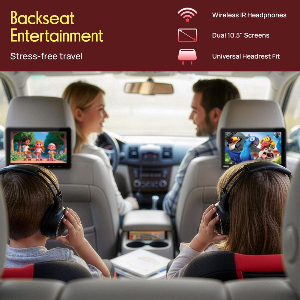 Pyle Universal Dual Vehicle Headrest Monitor - 10.5” Multimedia CD and DVD Player Audio Entertainment w/ Stereo Speaker, HDMI, LCD Screen, Mount and Wireless Headphones for Car Seat PLHRDVD108KT