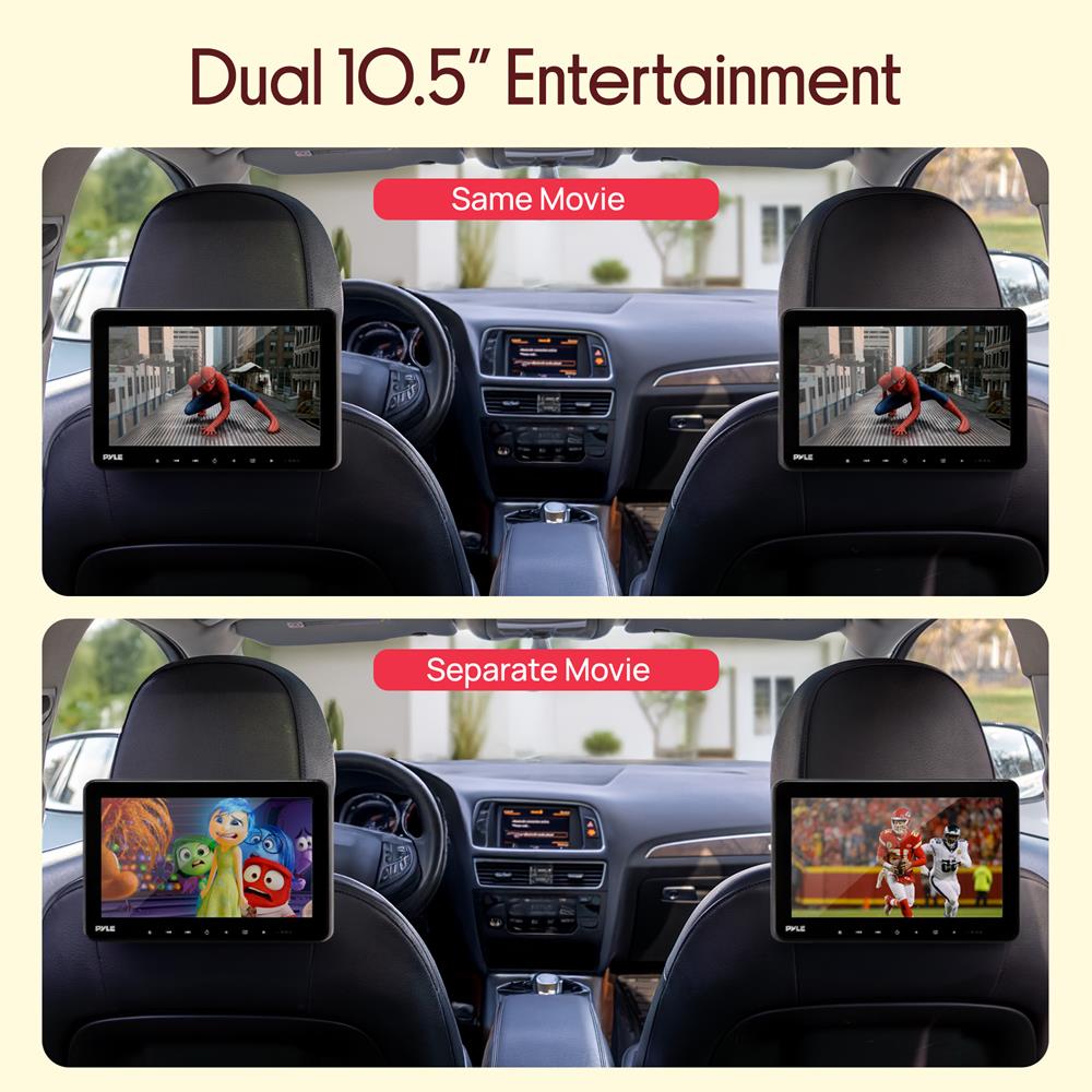 Pyle Universal Dual Vehicle Headrest Monitor - 10.5” Multimedia CD and DVD Player Audio Entertainment w/ Stereo Speaker, HDMI, LCD Screen, Mount and Wireless Headphones for Car Seat PLHRDVD108KT