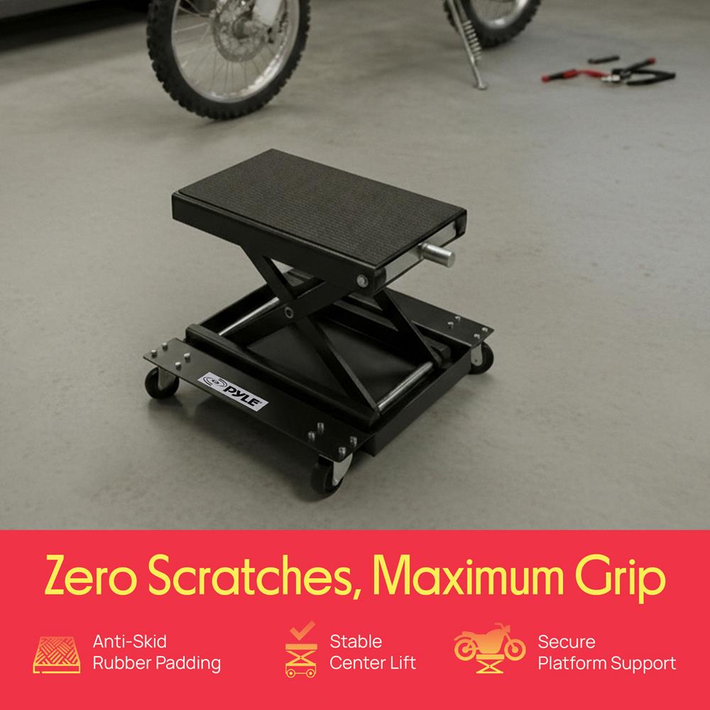 Pyle Motorcycle Lift, Scissor Jack, Dolly, Heavy Duty Steel, 1100 lbs Capacity, Black Powder Coat, Anti-Skid Rubber, Collapsible, Portable, Includes 4 Caster Wheels, Easy Storage, PLMOTJC11