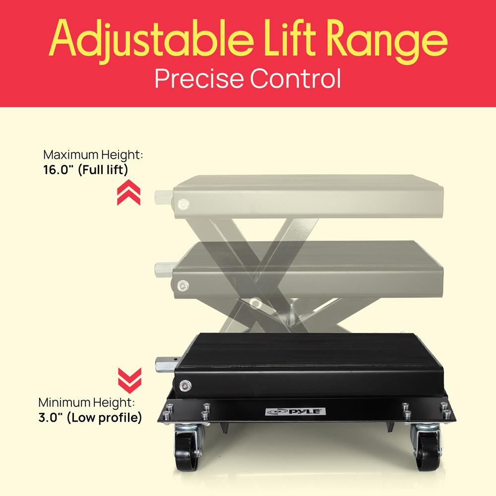 Pyle Motorcycle Lift, Scissor Jack, Dolly, Heavy Duty Steel, 1100 lbs Capacity, Black Powder Coat, Anti-Skid Rubber, Collapsible, Portable, Includes 4 Caster Wheels, Easy Storage, PLMOTJC11