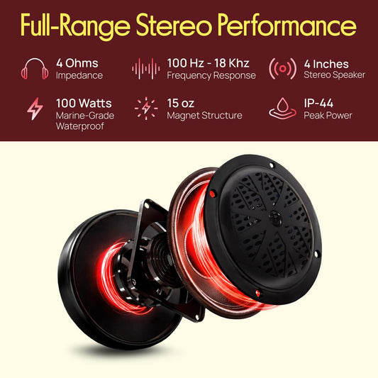 Pyle 4 Inch Dual Marine Speakers - Waterproof and Weather Resistant Outdoor Audio Stereo Sound System with Polypropylene Cone, Cloth Surround and Low Profile Design - 1 Pair - PLMR41B (Black)