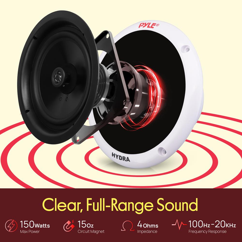 Pyle 5.25 Inch Dual Marine Speakers - 2 Way Waterproof and Weather Resistant Outdoor Audio Stereo Sound System with 150 Watt Power, Poly Carbon Cone, Cloth Surround and Low Profile Design - 1 Pair