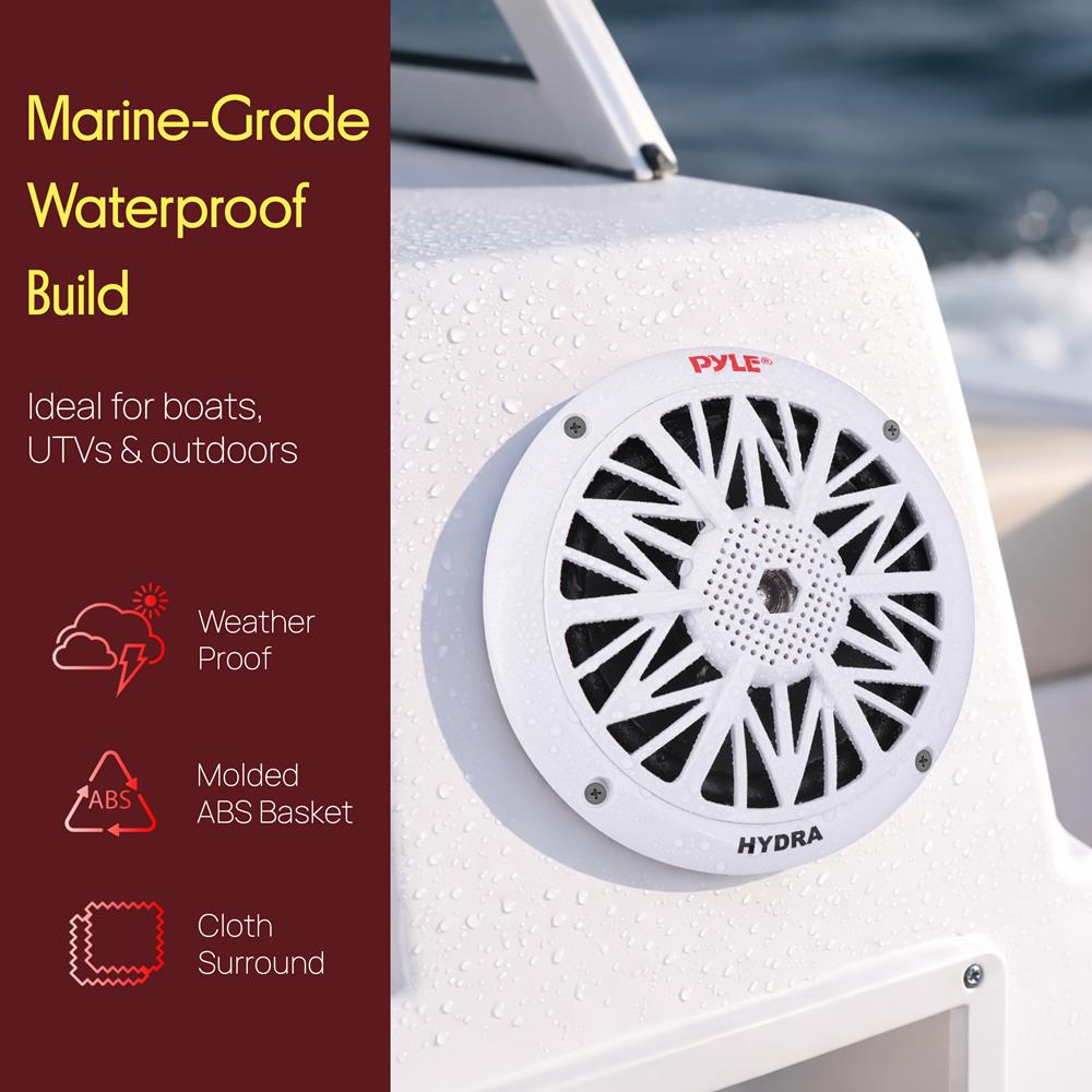 Pyle 5.25 Inch Dual Marine Speakers - 2 Way Waterproof and Weather Resistant Outdoor Audio Stereo Sound System with 150 Watt Power, Poly Carbon Cone, Cloth Surround and Low Profile Design - 1 Pair