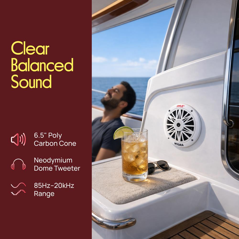 Pyle 6.5 Inch Dual Marine Speakers - 2 Way Waterproof and Weather Resistant Outdoor Audio Stereo Sound System with 200 Watt Power, Poly Carbon Cone and Butyl Rubber Surround - 1 Pair - PLMR62 (White)