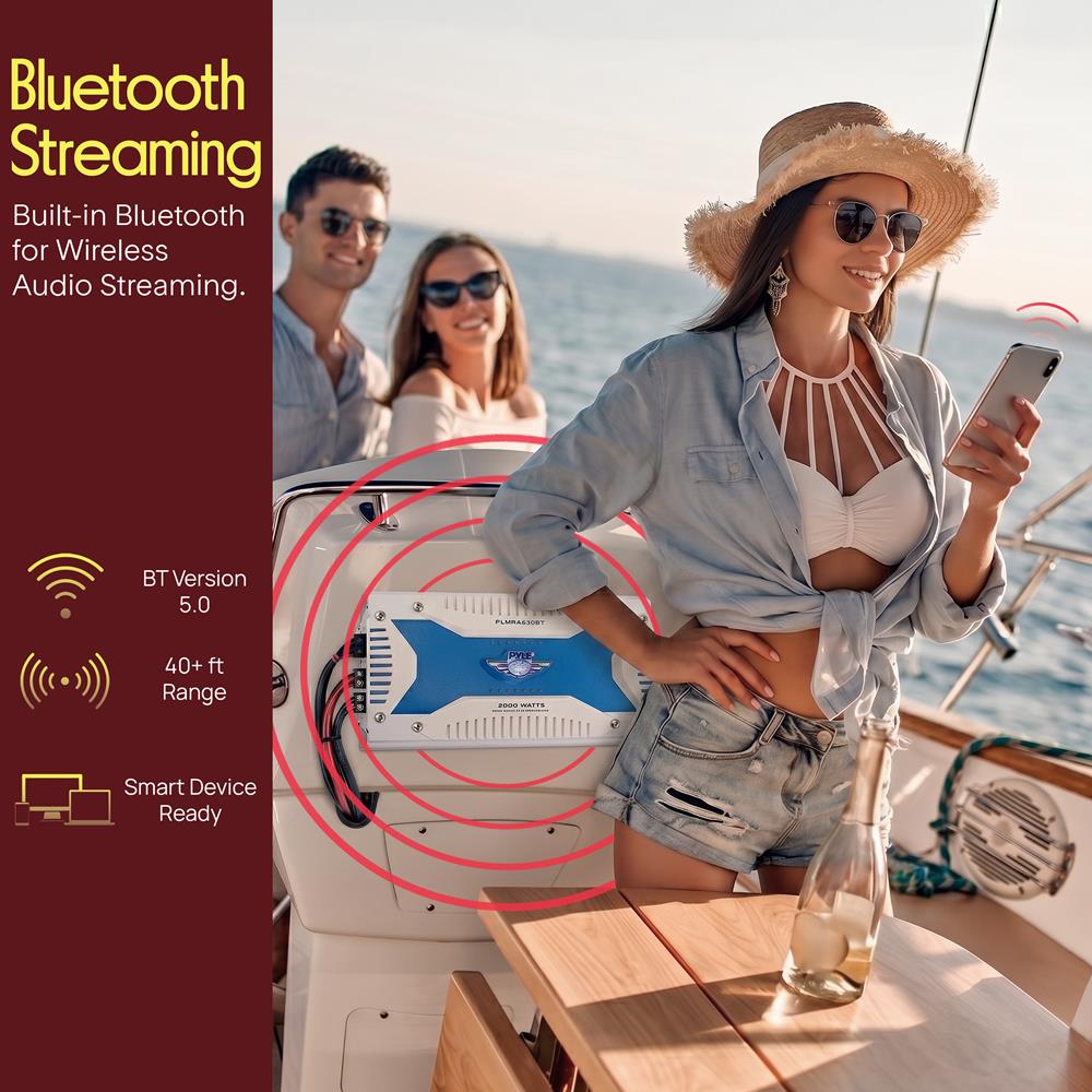 Pyle 2.1 Bluetooth Marine Amplifier Receiver - Waterproof 6 Channel Wireless Bridgeable Audio Amp for Stereo Speaker with 2000 Watt Power Dual MOSFET Supply GAIN Level and LED Indicator - PLMRA630BT