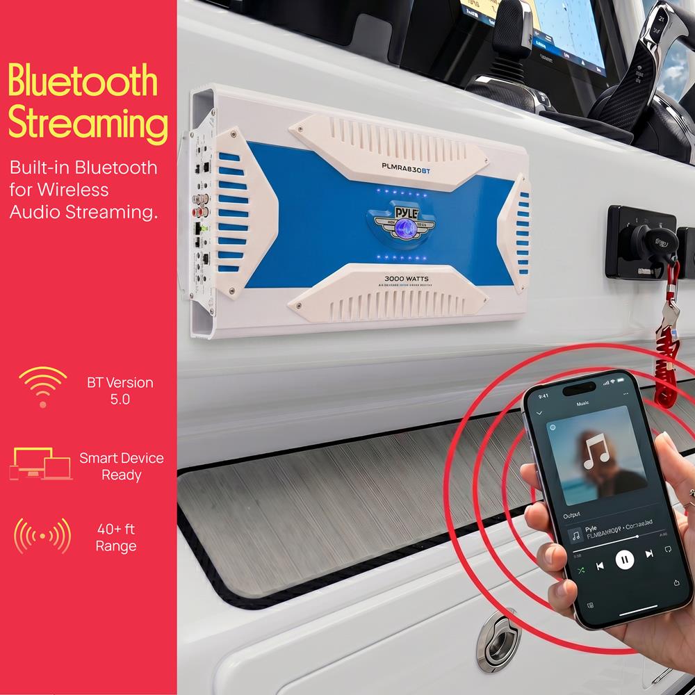 Pyle 3000W Hydra Marine 8-Channel Bluetooth Amplifier - Bridgeable Tri-Mode - MOSFET Power Supply - Waterproof - Marine Grade - GAIN Level Controls - RCA Input - Heavy Duty Aluminum Alloy - PLMRA830BT