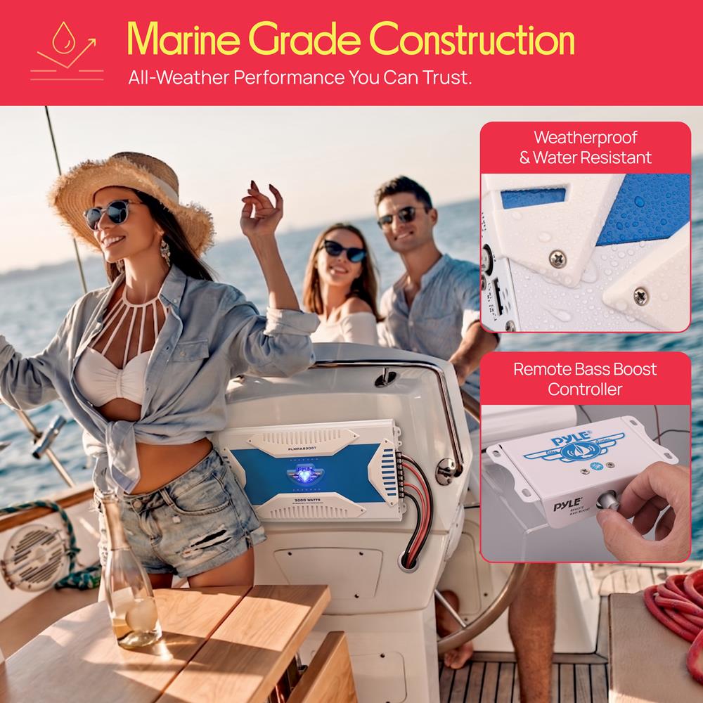 Pyle 3000W Hydra Marine 8-Channel Bluetooth Amplifier - Bridgeable Tri-Mode - MOSFET Power Supply - Waterproof - Marine Grade - GAIN Level Controls - RCA Input - Heavy Duty Aluminum Alloy - PLMRA830BT