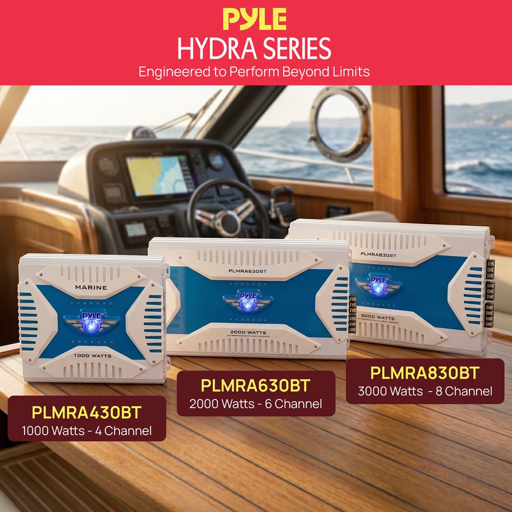 Pyle 3000W Hydra Marine 8-Channel Bluetooth Amplifier - Bridgeable Tri-Mode - MOSFET Power Supply - Waterproof - Marine Grade - GAIN Level Controls - RCA Input - Heavy Duty Aluminum Alloy - PLMRA830BT