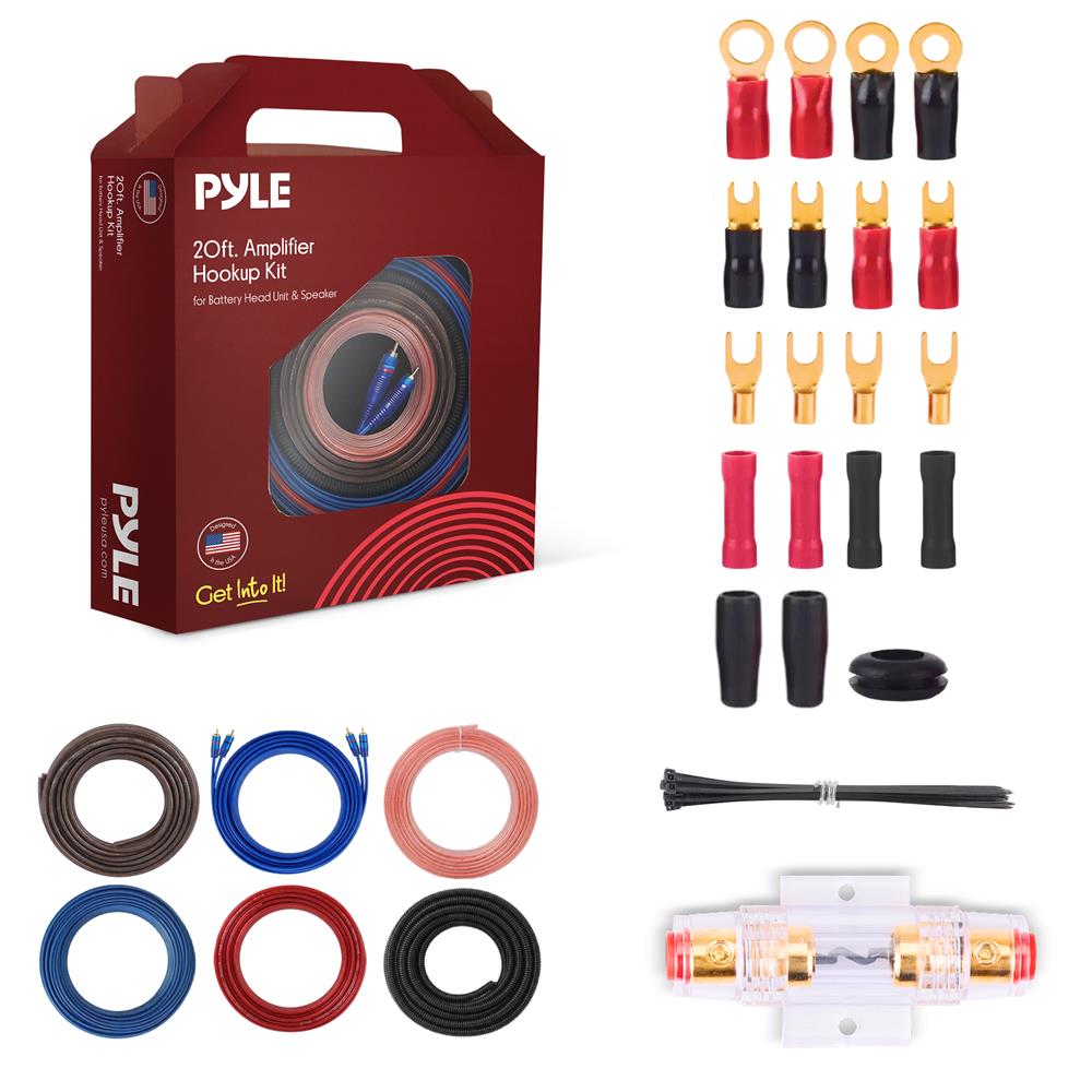 Pyle Marine and Car Audio Wiring Kit - 20ft 8 Gauge Power Wire - Up to 1000 Watts Amplifier Hookup for Battery, Head Unit & Stereo Speaker Installation - Marine Grade Cable & Gold Plated Fuse