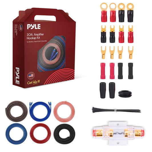 Pyle Marine and Car Audio Wiring Kit - 20ft 8 Gauge Power Wire - Up to 1000 Watts Amplifier Hookup for Battery, Head Unit & Stereo Speaker Installation - Marine Grade Cable & Gold Plated Fuse