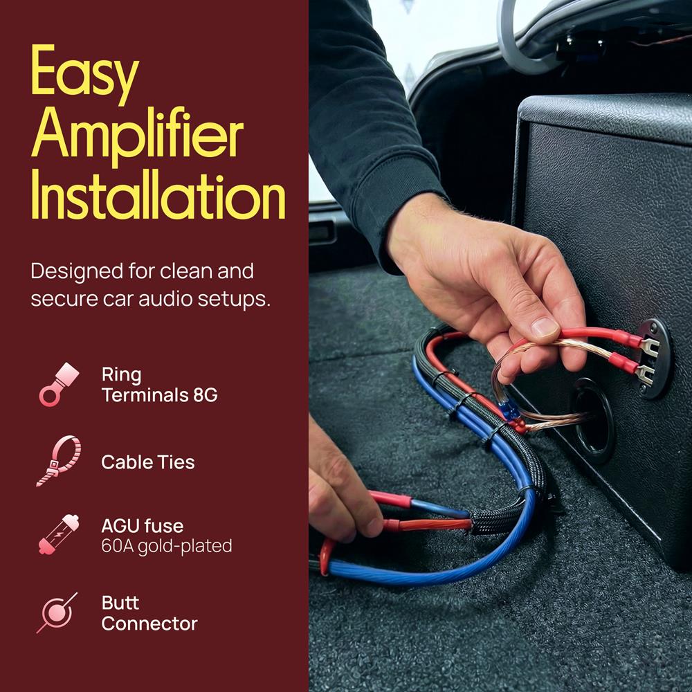 Pyle Marine and Car Audio Wiring Kit - 20ft 8 Gauge Power Wire - Up to 1000 Watts Amplifier Hookup for Battery, Head Unit & Stereo Speaker Installation - Marine Grade Cable & Gold Plated Fuse