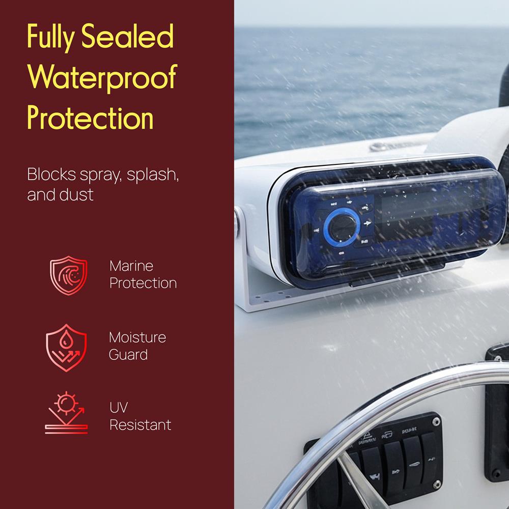 Pyle Durable Universal Marine Stereo Cover - Water Resistant Boat Radio Protector Shield with Flip-up Door & Neoprene Gasket - Compatible with Dual Shaft & DIN Style Stereos - Pyle PLMRCW3