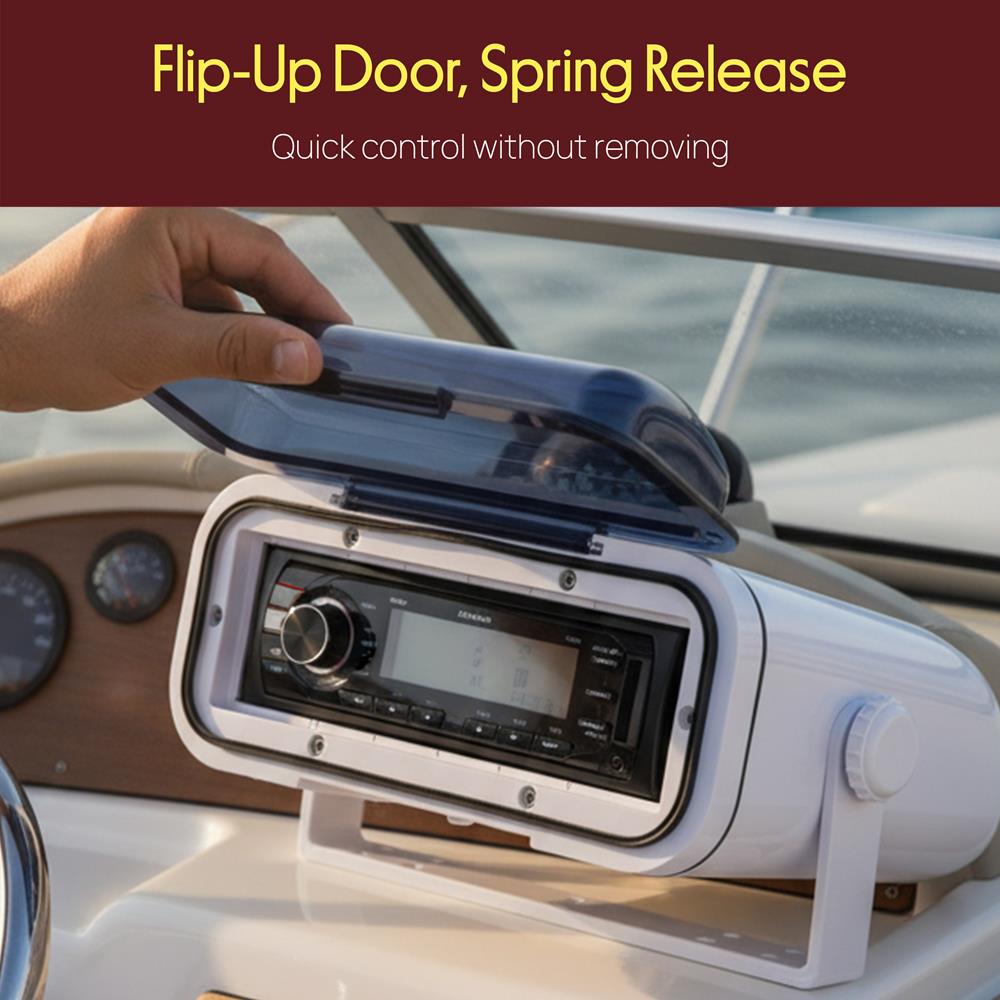 Pyle Durable Universal Marine Stereo Cover - Water Resistant Boat Radio Protector Shield with Flip-up Door & Neoprene Gasket - Compatible with Dual Shaft & DIN Style Stereos - Pyle PLMRCW3