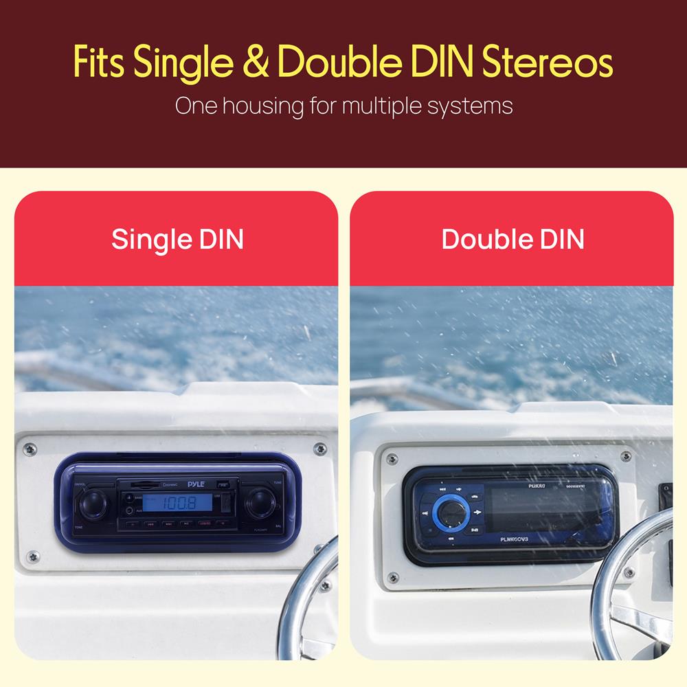 Pyle Durable Universal Marine Stereo Cover - Water Resistant Boat Radio Protector Shield with Flip-up Door & Neoprene Gasket - Compatible with Dual Shaft & DIN Style Stereos - Pyle PLMRCW3