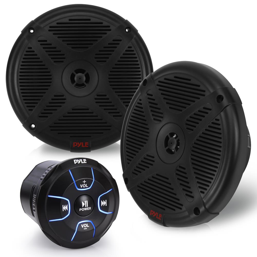 Pyle 6.5'' Dual Marine Speakers Kit - Waterproof-Rated w/Amplified Bluetooth Remote Control Receiver for Powersport Vehicles, IP65 Marine Grade Rating, 600 Watt Max Power PLMRKT8, Black