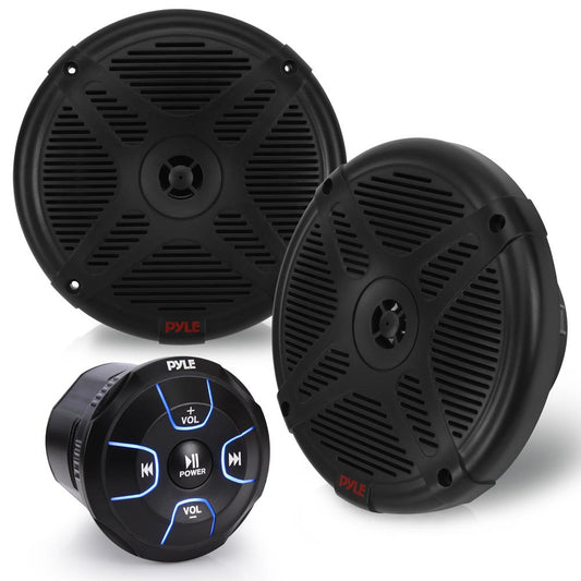 Pyle 6.5'' Dual Marine Speakers Kit - Waterproof-Rated w/Amplified Bluetooth Remote Control Receiver for Powersport Vehicles, IP65 Marine Grade Rating, 600 Watt Max Power PLMRKT8, Black