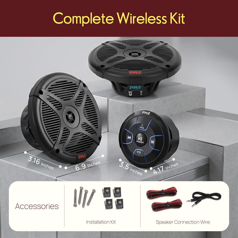 Pyle 6.5'' Dual Marine Speakers Kit - Waterproof-Rated w/Amplified Bluetooth Remote Control Receiver for Powersport Vehicles, IP65 Marine Grade Rating, 600 Watt Max Power PLMRKT8, Black