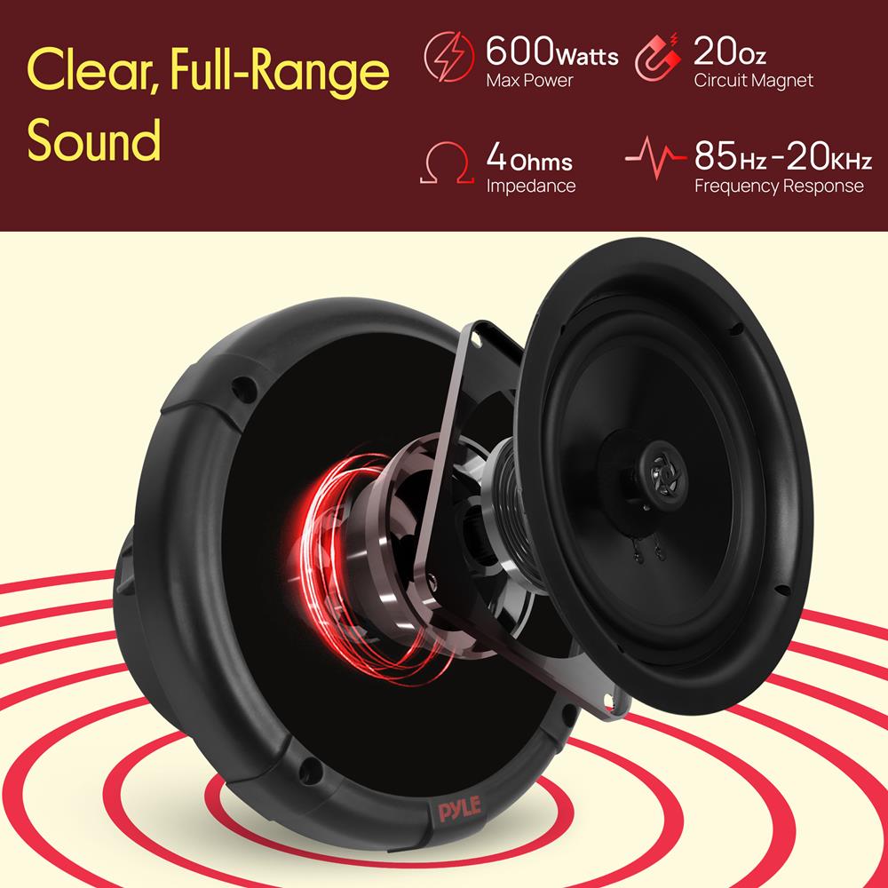 Pyle 6.5'' Dual Marine Speakers Kit - Waterproof-Rated w/Amplified Bluetooth Remote Control Receiver for Powersport Vehicles, IP65 Marine Grade Rating, 600 Watt Max Power PLMRKT8, Black