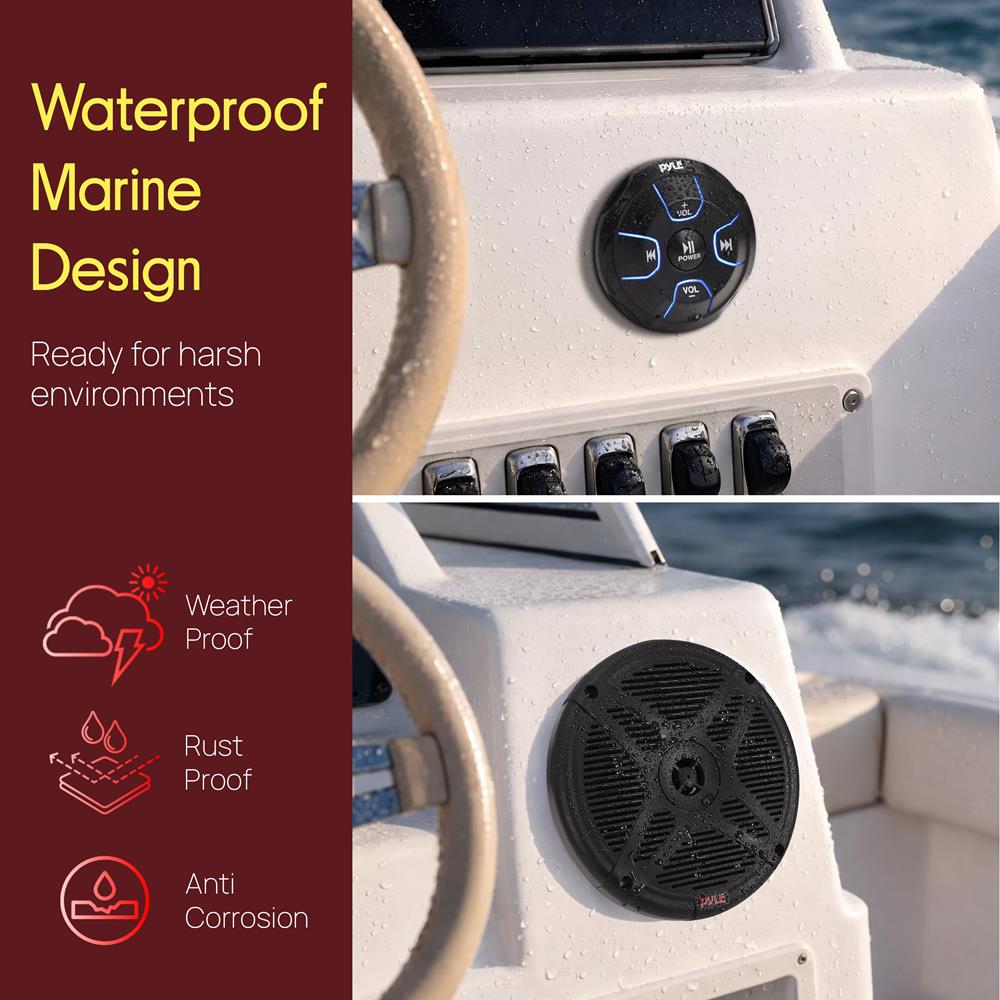 Pyle 6.5'' Dual Marine Speakers Kit - Waterproof-Rated w/Amplified Bluetooth Remote Control Receiver for Powersport Vehicles, IP65 Marine Grade Rating, 600 Watt Max Power PLMRKT8, Black